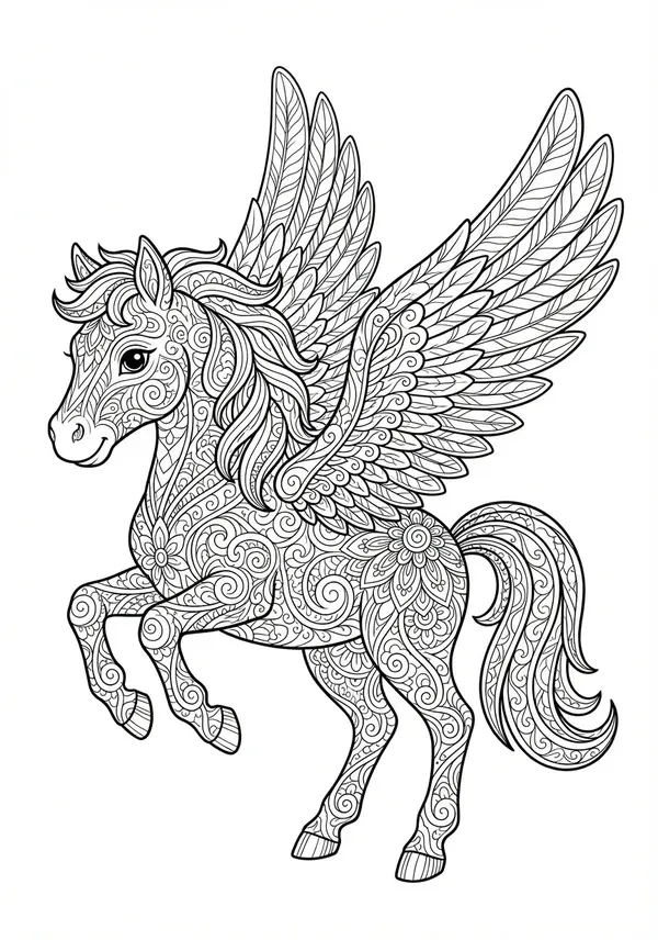 Pegasus in Blüte: Ein Pegasus, dessen Flügel nahtlos in ein Meer aus stilisierten Blumen und Ranken übergehen – ein Traum für Fans floraler Muster.