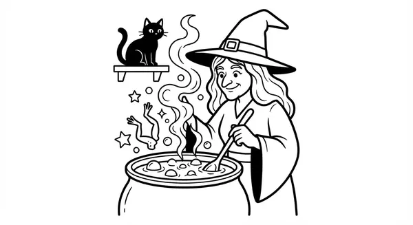 Eine Hexe rührt einen sprudelnden Kessel um
