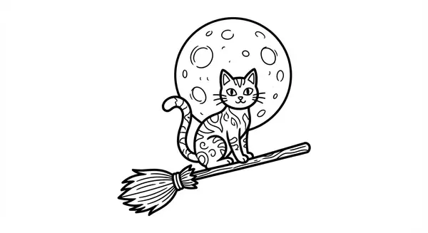 Eine schwarze Katze auf einem Besen unter Vollmond
