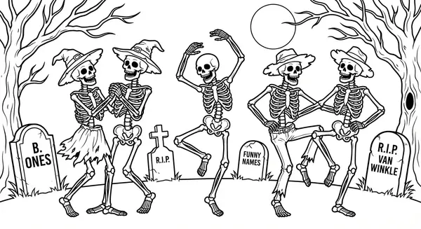 Skelette tanzen auf einem Friedhof