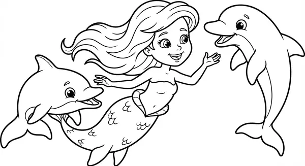 Eine fröhliche Meerjungfrau spielt mit zwei freundlichen Delfinen.
