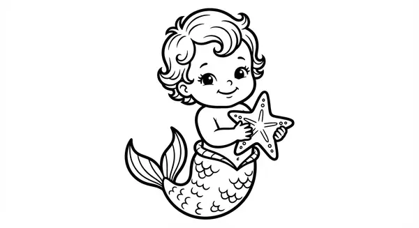 Eine Baby-Meerjungfrau hält einen Seestern und lächelt.