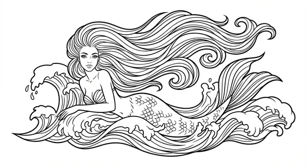 Eine schöne Meerjungfrau mit langem, wallendem Haar in den Wellen.