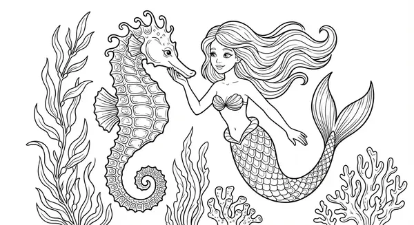 Eine Meerjungfrau interagiert sanft mit einem majestätischen Seepferdchen.