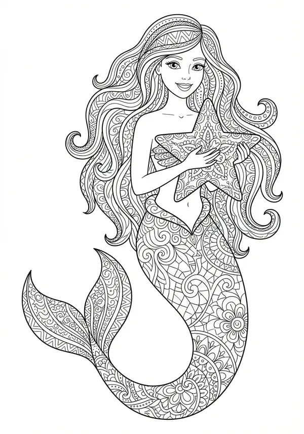 Aufwendiges, fließendes Haar einer Meerjungfrau, kunstvoll verwoben mit Muscheln, Perlen, Korallenfragmenten und winzigen stilisierten Fischen, alles mit Zentangle-inspirierten Mustern dargestellt.