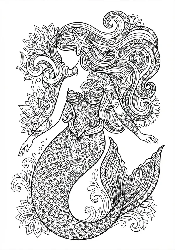 Eine zentrale Meerjungfrauenfigur, nahtlos in ein aufwendiges kreisförmiges Mandala-Design integriert, mit symmetrischen Mustern aus Wellen, Muscheln, Korallen und stilisierten Fischen, die nach außen strahlen, alles hochdetailliert.