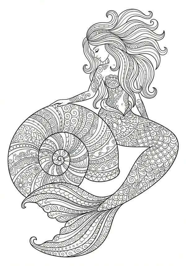 Ein hochdetaillierter Meerjungfrauenschwanz, wobei jede Schuppe einzigartige, zarte Muster aufweist, die in komplexe Flossendesigns übergehen, die an ein Unterwasser-Mandala erinnern, umgeben von wirbelnden Strömungen.