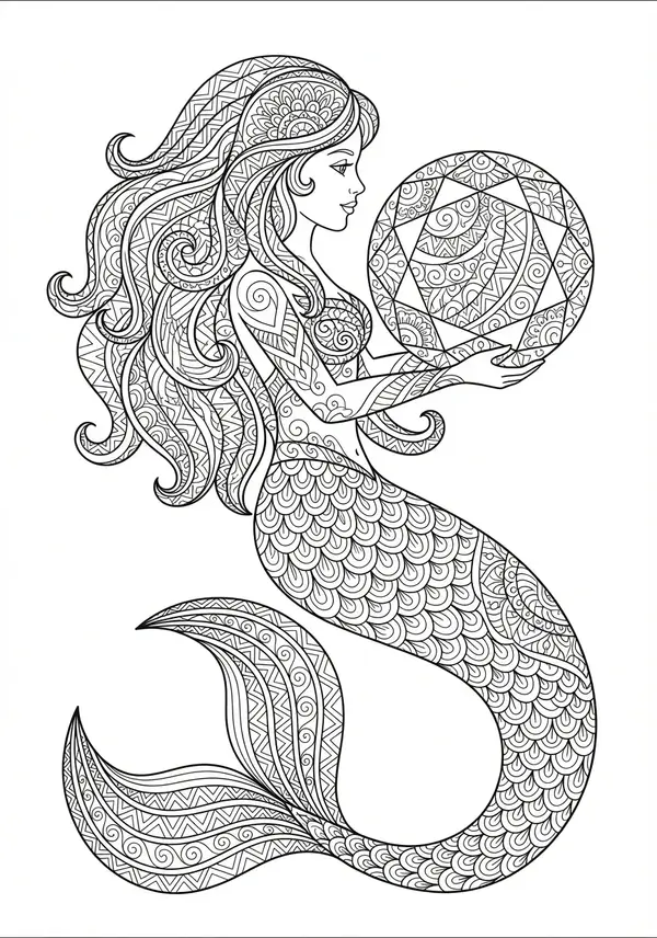 Ein majestätischer Seepferdchen-Wagen, exquisit geschmückt mit kunstvollen Geschirren, Juwelen und floralen Mustern, gezogen von einem großen Seepferdchen, das eine Meerjungfrau mit einem aufwendigen Kopfschmuck trägt, alle Elemente dicht gemustert.