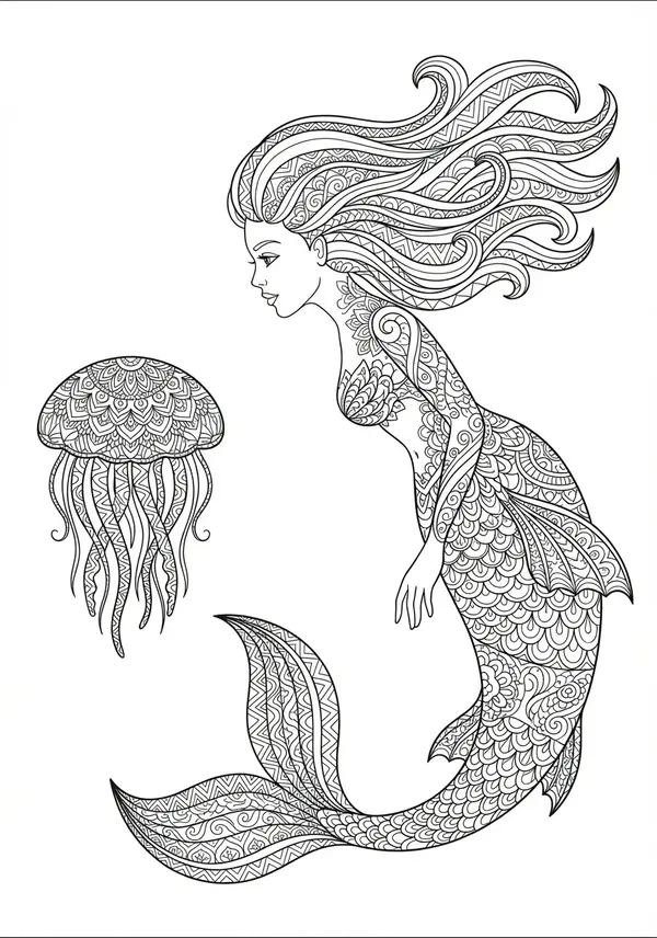 Ein dichter, fantastischer Unterwassergarten voller hochstilisierter und kunstvoll gemusterter Korallen, Anemonen, Seetangwälder und exotischer Fische, die ein komplexes Gewebe des Meereslebens bilden.