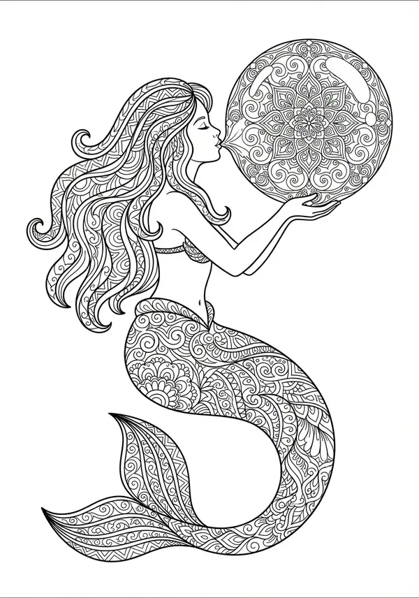 Ein fesselndes Meerjungfrauen-Porträt, das sich auf ihr Gesicht und ihren Oberkörper konzentriert, mit komplizierten Gesichtszügen, einer Krone aus akribisch detaillierten Muscheln und Perlen und fließendem, gemustertem Haar, das sie umrahmt, mit stilisierten Wassertropfen.