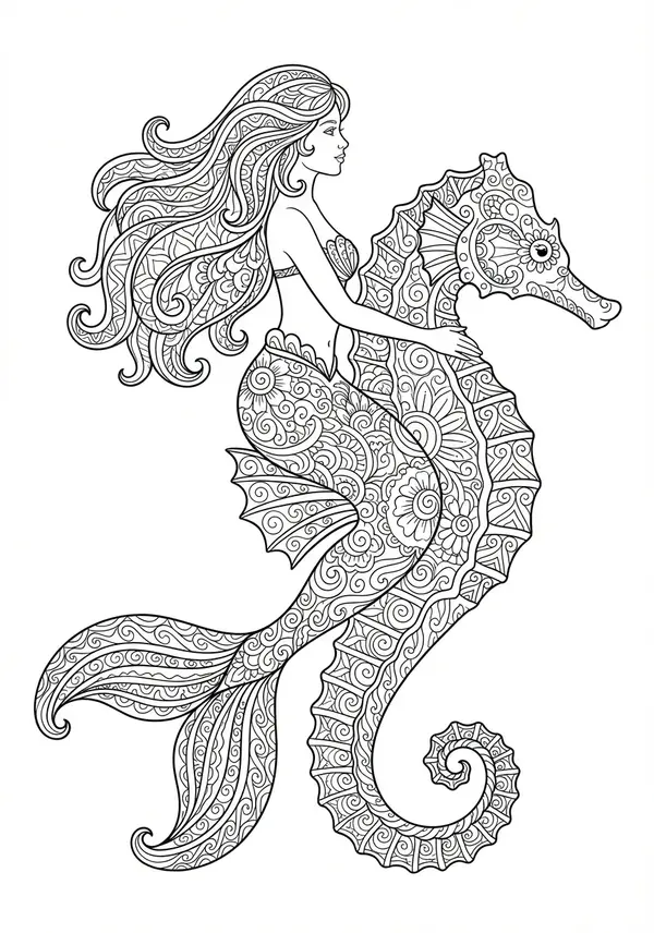 Eine Sirenen-Meerjungfrau, die eine exquisit detaillierte Muschel-Lyra spielt, umgeben von wirbelnden Wasserströmungen, komplizierten Blasen und Musiknoten, die sich in winzige Meeresbewohner verwandeln, alles in einer dynamischen, fließenden Komposition.