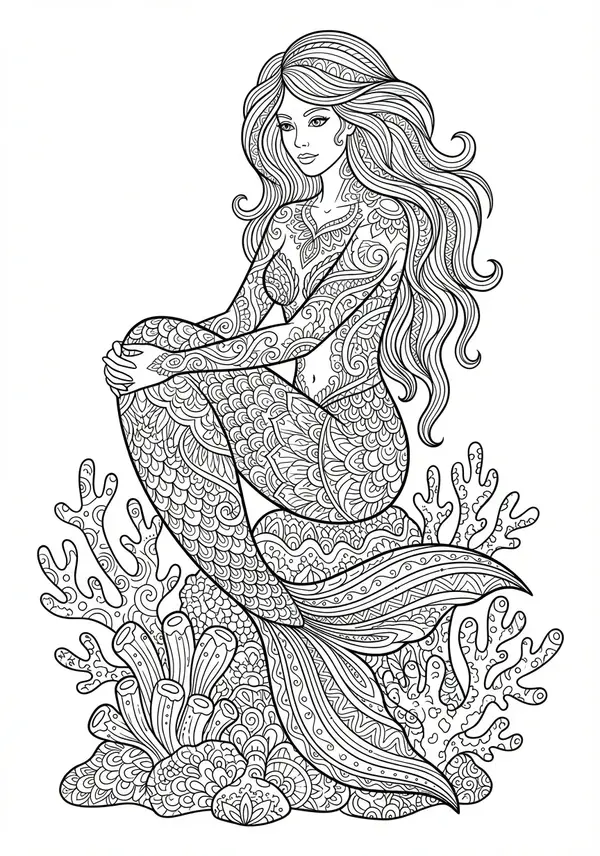 Eine komplexe Szene eines majestätischen gesunkenen Schiffswracks, stark überwuchert mit kunstvollen Korallen, Seepocken und Seetang, wobei Meerjungfrauen seine detaillierten Ruinen und Schatzkisten voller gemusterter Juwelen und Münzen erkunden.