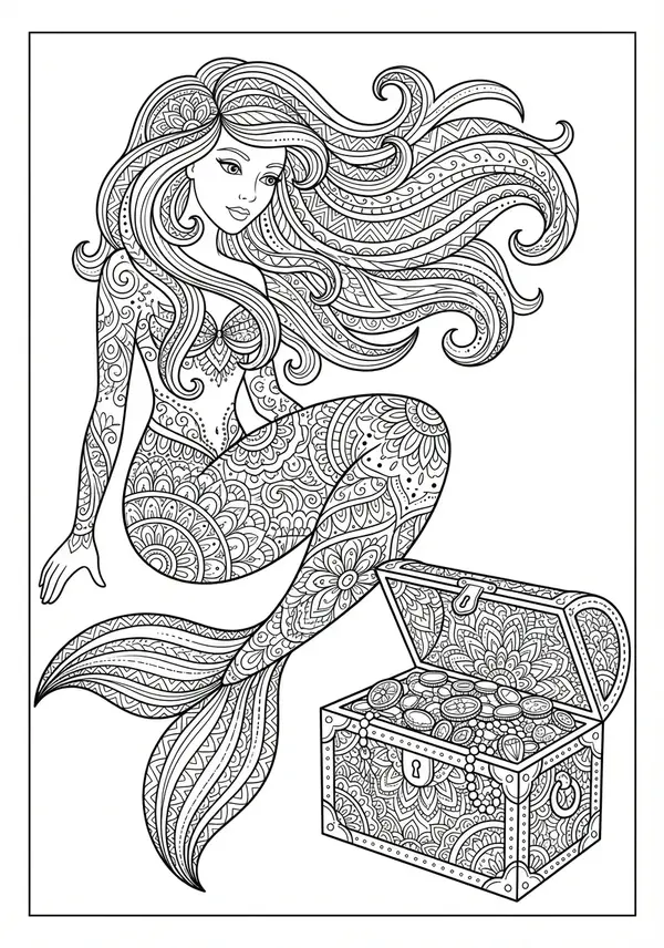 Eine Meerjungfrau, die anmutig mit mysteriösen Tiefseekreaturen interagiert, wie biolumineszierenden Quallen und kunstvoll gemusterten Anglerfischen, vor dem Hintergrund komplexer, dunkler Unterwassermuster.