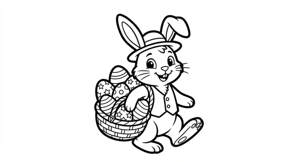 Der Osterbote: Ein fröhlicher Osterhase balanciert geschickt einen Korb voller bunt bemalter Eier.
