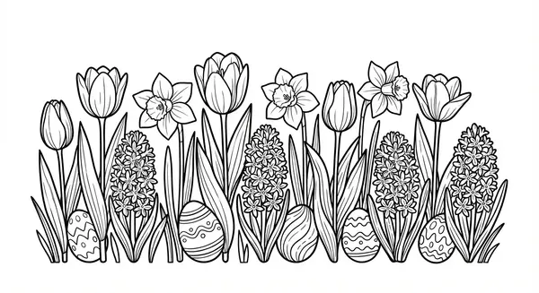 Eiersuche im Blumenmeer: Ein Feld voller Tulpen und Narzissen, zwischen denen sich Ostereier verstecken.