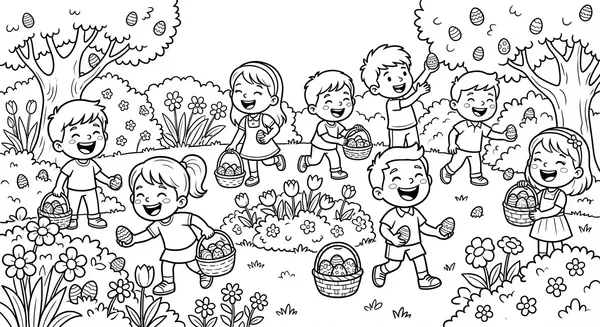 Spaß im Garten: Lachende Kinder suchen hinter Büschen und Bäumen nach versteckten Osternestern.