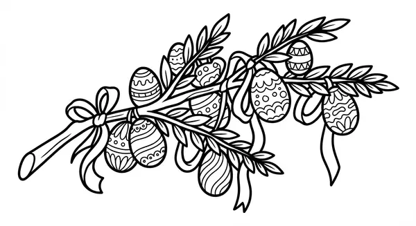 Osterstrauß: Ein Zweig, behangen mit vielen verschiedenen, gemusterten Eiern und schönen Schleifen.