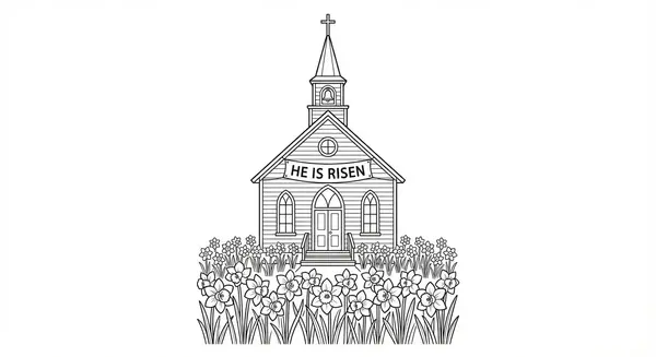 Osterfest: Eine kleine Dorfkirche, geschmückt mit Osterfahnen und umgeben von gelben Osterglocken.