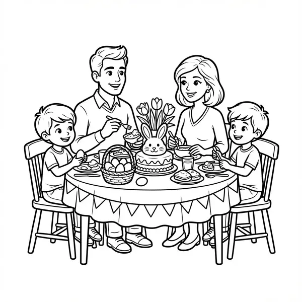 Familienzeit: Glückliche Familie beim gemeinsamen Osterfrühstück mit Eiern und Hefezopf.