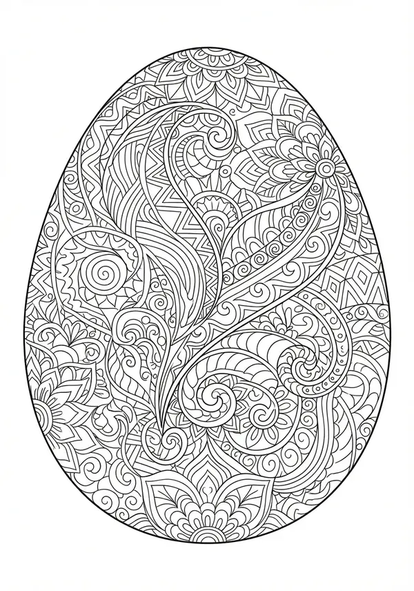 Zentangle-Ei: Ein ovales Kunstwerk, gefüllt mit 'Mooka' Wirbeln, 'Flux' Blättern und feinen geometrischen Gittern.