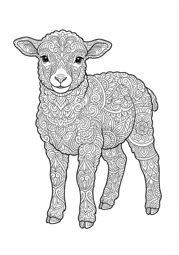 Wiesen-Lamm: Ein Lamm, dessen Wolle aus hunderten kleinen Spiralen besteht, liegend auf einer Wiese aus detaillierten Grashalmen.