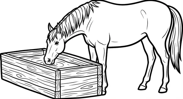 Erfrischung: Ein durstiges Pferd trinkt klares Wasser aus einem Trog – eine ruhige Szene zum Ausmalen.