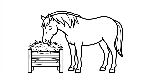 Pausenzeit: Ein entspanntes Pferd frisst genüsslich Heu aus einer alten hölzernen Raufe im Stall.