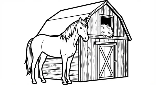 Landleben: Ein Pferd steht friedlich vor einer rustikalen Scheune in der Abendsonne – Idylle pur.