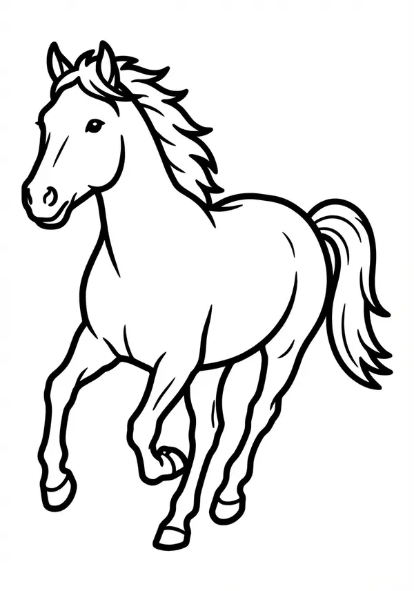 Pferdekopf ganz nah: Großes Auge und Nüstern mit klaren Linien – einfach auszumalen für kleine Hände.