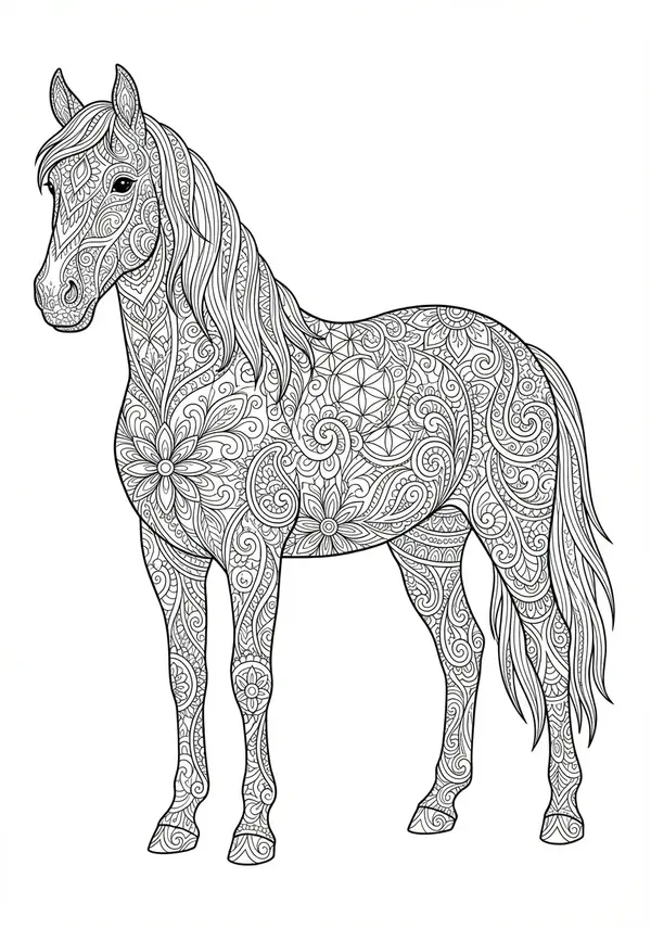 Kunstvoller Kopf: Ein Hengstportrait, bei dem jeder Muskel und jedes Haar durch feine Zentangle-Linien nachgezeichnet ist.