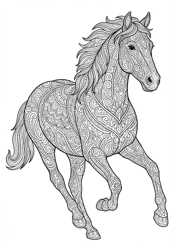 Hufeisen-Mandala: Ein symmetrisches Kunstwerk rund um ein Pferd, gespickt mit Glücksbringern und floralen Elementen.