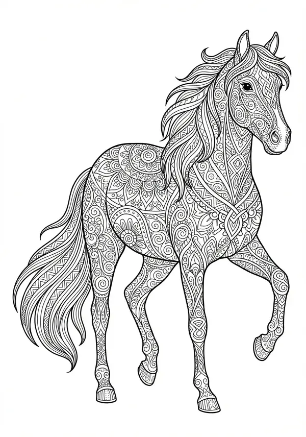 Keltisches Krafttier: Die Silhouette eines Zugpferdes, komplett ausgefüllt mit endlosen keltischen Knotenmustern.