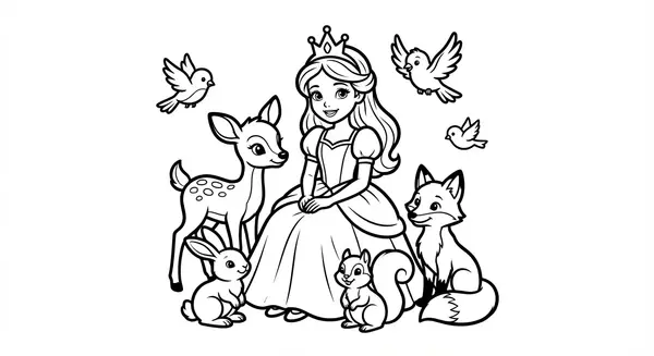 Eine Prinzessin, umgeben von freundlichen Waldtieren