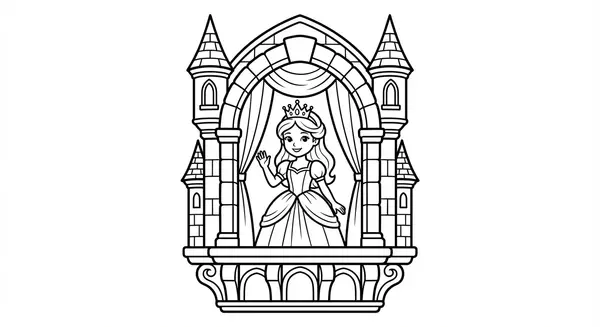 Eine Prinzessin winkt aus einem großen Schlossfenster