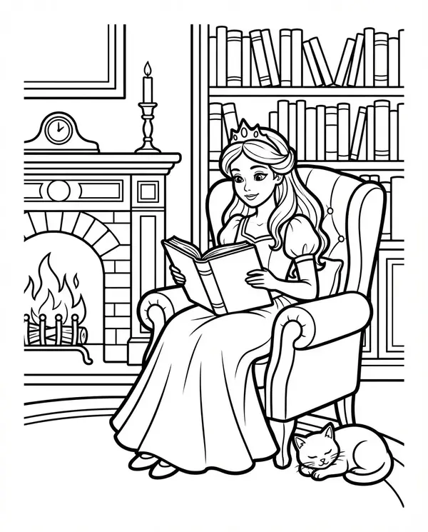 Eine Prinzessin liest ein aufgeschlagenes Buch in einer gemütlichen Bibliothek