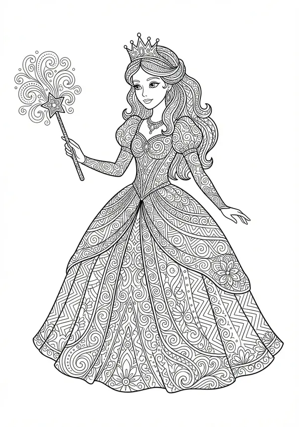 Ein voluminöses Ballkleid mit mehreren Schichten Spitze, Rüschen und komplizierten floralen Stickmustern in einer sehr detaillierten, fließenden Komposition.