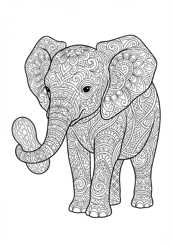 Ein imposanter Elefant, seine kräftige Form geschmückt mit einem aufwendigen, symmetrischen Mandala aus komplizierten Wirbelmustern, zartem Filigran und winzigen geometrischen Akzenten, die seine gesamte Haut bedecken, die Stoßzähne mit spiralförmigen Arabesken verziert.