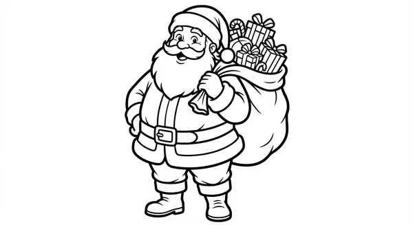 Klassischer Weihnachtsmann, der schwer beladen mit einem Sack voller Geschenke durch den Schnee stapft – der Inbegriff der Weihnachtsfreude.