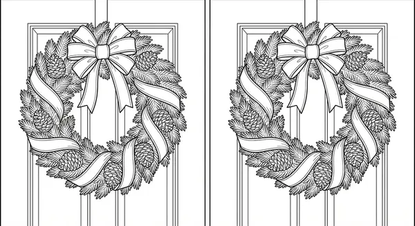 Festlicher Türkranz, gebunden aus Tannenzweigen, Zapfen und schönen Bändern – eine einladende Dekoration zum Ausmalen.