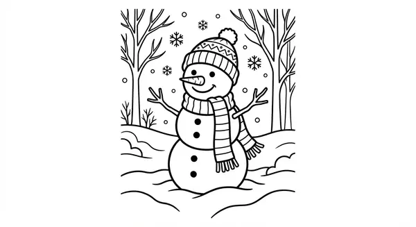 Freundlicher Schneemann mit großem Zylinder und warmem Schal in einer Winterlandschaft – ein zeitloses Motiv für kalte Tage.