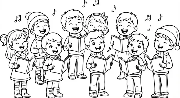 Fröhliche Kinder singen gemeinsam Weihnachtslieder unter einer Laterne – eine Szene voller Harmonie und Festlichkeit.