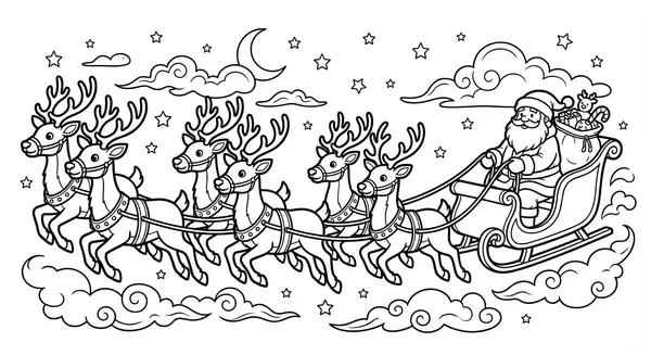 Magischer Moment: Rentiere ziehen den vollen Weihnachtsschlitten hoch durch den sternenklaren Nachthimmel.