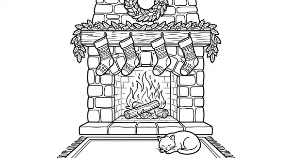 Gemütlicher Kamin mit knisterndem Feuer und aufgehängten Weihnachtsstrümpfen, die auf Geschenke warten – pure Geborgenheit.