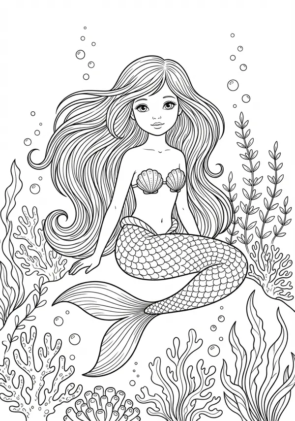 Ausgewogene Malvorlage einer detailreichen Meerjungfrau mit langem Haar und einem Oberteil aus Muscheln, umgeben von kleinen Blasen