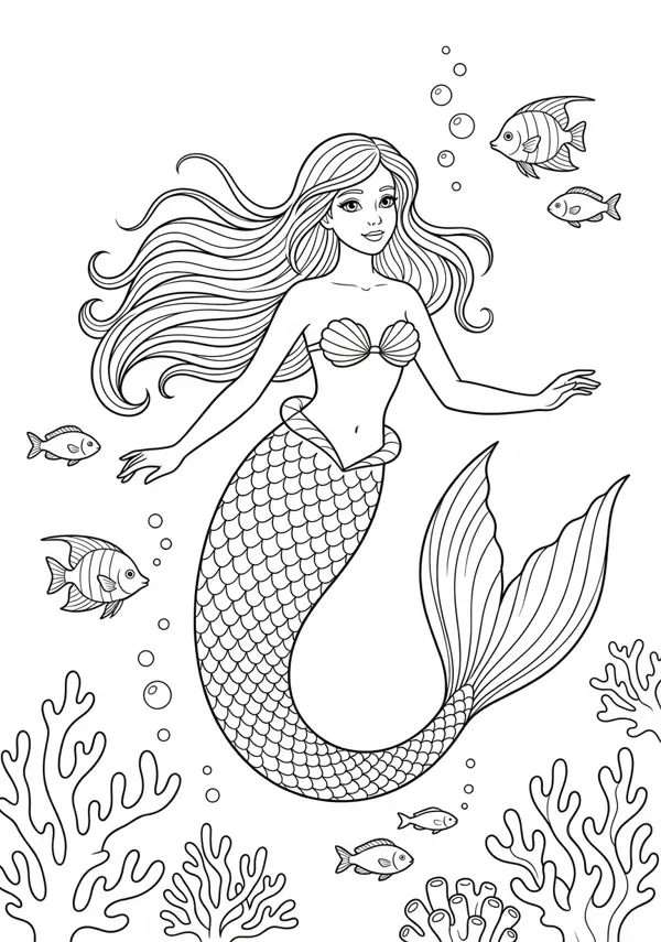Ausgewogene Malvorlage einer detailreichen Meerjungfrau in einem lebendigen Korallenriff mit vielen Fischen