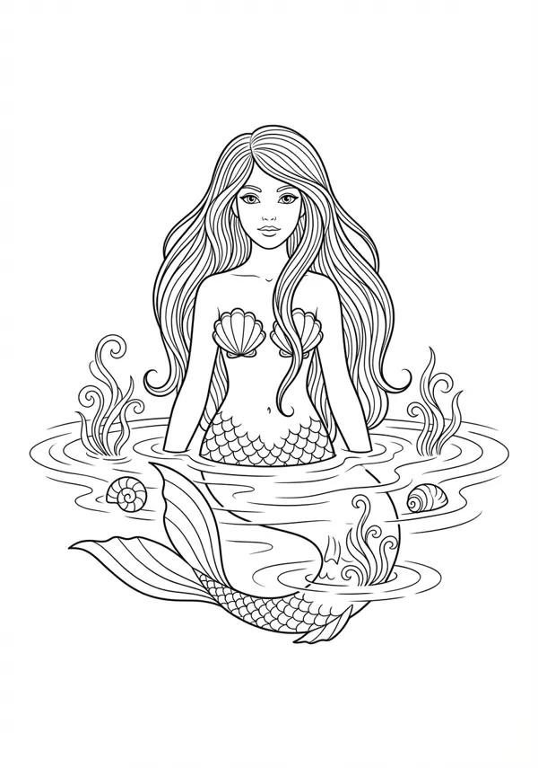 Ausgewogene Malvorlage einer anmutigen Meerjungfrau mit filigranen Haaren und einer verzierten Flosse für kreative Stunden