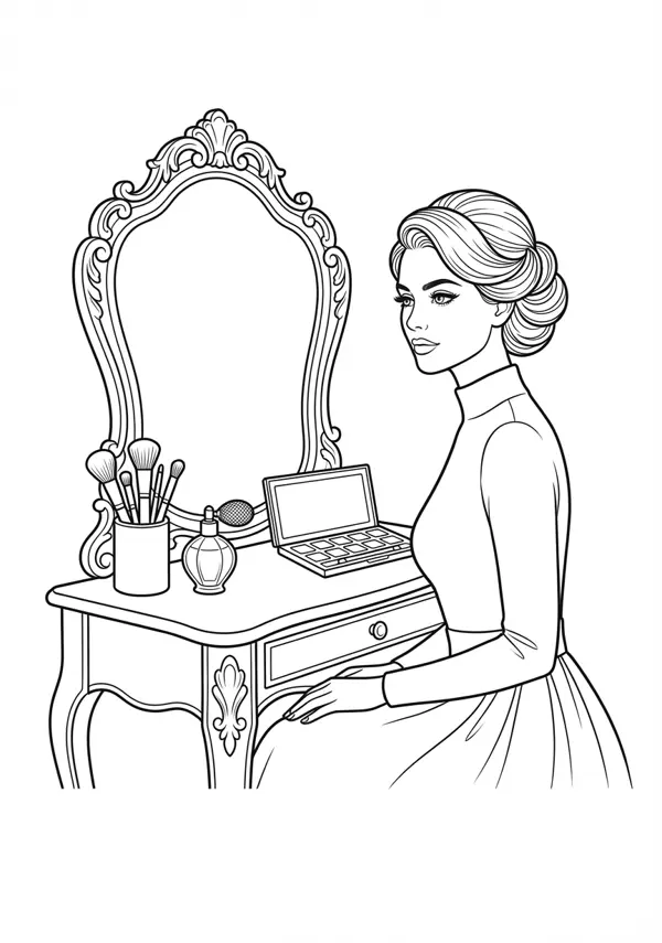 Ausgewogene Malvorlage einer Frau am Schminktisch mit schönen Details bei Kosmetik und Spiegel