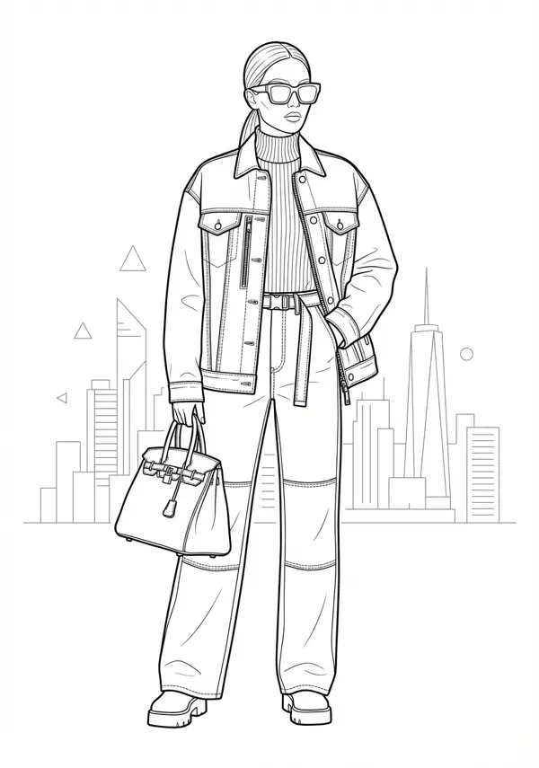 Ausgewogene Malvorlage einer Frau in detailreicher Designerkleidung mit schönen Mustern und einer Handtasche