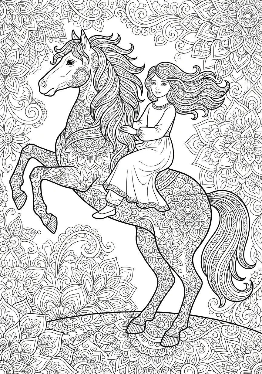 Kunstvolles Reiterin Mandala mit einem prächtigen Pferd