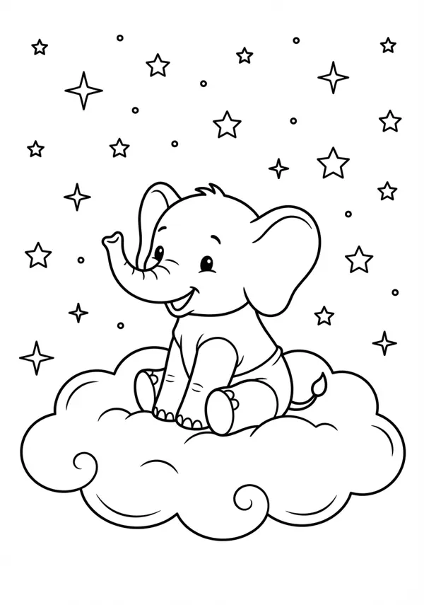 Ausgewogene Malvorlage eines niedlichen Elefanten, der auf einer Wolke ruht, umgeben von vielen Sternen und Himmelskörpern